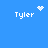 Blue background with four white 'Tyler' text instances, each paired with a distinct pixel-art symbol: heart, starburst, dots, and another starburst.