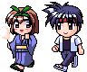 Pixel art characters in traditional and casual attire with cotton candy props, displayed across multiple poses.