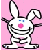 A 5-frame animated contact sheet of a white cartoon bunny with pink nose and blue eyes on a solid pink background, showing subtle pose changes across frames including one frame with a small pink heart.