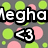 Pixelated icon with bold white text 'Megha' and '<3' on dark background, surrounded by green and pink circular shapes.