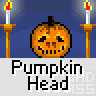 Animated contact sheet of a pumpkin-headed character in red shirt performing sequential actions against blue background with candle props, labeled "Pumpkin Head" under each frame.