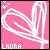 Pink background with white heart outline and 'LAURA' text; animation cycles through four distinct pixel patterns of the heart shape.