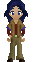 Pixel art character with blue hair and skin, wearing brown jacket over red shirt and beige pants, shown in multiple poses including standing, sitting, and silhouette forms.