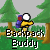Pixelated image of a duck-like character with yellow beak and body, purple backpack, white circular eye, standing in green landscape with trees.