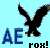 Pixelated icon with black eagle silhouette, blue 'AE' letters, and black 'rox!' text on light cyan background.