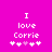 Pixelated text 'I love Corrie' on bright pink background with five white and one light purple heart symbols below.
