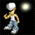 Pixelated character in white cap, white tank top, blue jeans, and white sneakers performs walking motion with glowing light effects and Chinese text appearing sequentially.