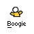 Two static frames of a pixelated yellow stick figure with white head and black outline, each labeled "Boogie" below in bold pixel font on gray background.