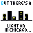 Pixelated cityscape with yellow-lit windows and black buildings, text 'LIGHT ON IN CHICAGO...' repeated below each frame.