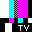 Pixel art of 25 distinct cartoon character heads with varied expressions, colors, and features including a TV test pattern icon