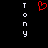 A static pixel art image with a black background, white text spelling 'TONY' vertically on both sides, and a red heart symbol in the center.