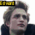Six celebrity headshots arranged in a with colored text labels above each, showing Edward Cullen, Bella Swan, Alice Cullen, Jacob Black, Rosalie Hale, and Emmett Cullen from Twilight