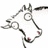 Pixelated cartoon horse head on white background with blue and gray sections containing text and dots.
