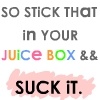Pixelated text reads 'SO STICK THAT in YOUR JUICE BOX && SUCK IT.' with 'JUICE BOX' in multicolored letters and 'SUCK IT.' on a pink brushstroke background.