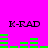 A bright pink background displays four 'K-RAD' text labels with green bar graphs beneath them, showing animated changes in the graph heights