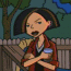 Animated sequence of a cartoon woman with short dark hair in a red jacket holding a blue cup, standing behind a wooden fence with trees in the background.