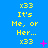 Blue background with yellow text reading "x33 It's Me, or Her..." repeated in a pattern; pink plus and star symbols appear at varying positions across frames