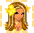 Pixel art of a female character with long brown hair, yellow flower accessory, and blue bell-bottom jeans against white background.