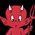 Red cartoon devil with white horns and wings holding a pitchfork, shown in four sequential poses against black background.