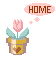 Pixel art of two potted tulips with thought bubbles containing 'HOME', one bubble pink, the other peach.