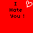Red background with black text reading "I Hate You!" on both sides of a white pixelated heart symbol.
