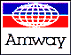A static image of a logo featuring a white globe on a blue and red background with the text 'Amway' below