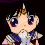 Two identical anime-style character icons with large purple eyes, dark hair, and a blue-and-white sailor uniform, each holding a white object near their mouth against a black background.