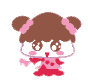 Pixelated cartoon character with brown hair in two buns, pink hair ties, white face, brown eyes, pink cheeks, red dress with white dots, and a pink arm raised on the left side.