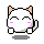 Pixel art contact sheet of six animated frames showing a white cat character with orange ears and pink cheeks in various poses against gray background.