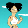 Pixelated cartoon character with black hair, white tank top, pink shorts, and a red tattoo on left shoulder against turquoise background with white clouds.