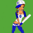 Pixelated image of a female character in a softball uniform holding a bat, with text labels on blue and green backgrounds.