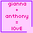 Four identical pink square with purple borders display 'gianna + anthony = l0vE' text, each has a distinct small symbol in the bottom-right corner