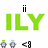 Green 'ILY' text with black text above and below, small robot icons, and '<3' symbols on a white background with a gray section.