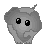 Pixelated gray elephant buddy icon with two frames showing slight pose differences and a blue pixel cluster near the right frame's trunk.