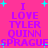 A bright pink background with cyan plus signs and purple text reading "I LOVE TYLER QUINN SPRAGUE" arranged in a pattern