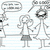 Pixelated stick-figure animation on lined paper background showing two characters interacting with speech bubbles containing unreadable text.