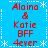 Blue background with white snowflake and dashed-line borders, displaying four identical red text blocks reading "Alaina & Katie BFF 4ever" in pixelated font.