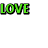 Four instances of the word LOVE in pixelated text, two green and two pink, arranged on a white background.