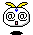 Pixel art contact sheet of 8 animated frames showing a white cartoon character with spiral eyes, yellow antennae, and blue gem on forehead in various poses against gray background.