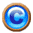 Six pixelated circular frames with blue water-like backgrounds and a dark blue 'C' symbol, each showing different states of a brown border wrapping around the circle.