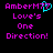 Pixelated text displays 'AmberM77 Love's One Direction!' with a cyan heart symbol replacing the 'O' in 'Love's'.
