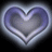 A static pixelated heart shape with gradient purple and gray tones, set against a dark background with light halos.