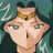 Pixelated anime-style character with light skin, dark hair, and a golden headband, set against a teal background with white abstract shapes.