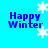 Blue background with four 'Happy Winter' text blocks and white snowflakes in pixelated style.