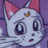 Pixelated white cat face with pink inner ears, large dark eyes, and a small yellow gem on its forehead against purple background.