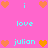 Pixelated icon with pink background, cyan text reading "i love julian" and orange hearts arranged in a pattern