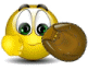 Yellow cartoon face with green eyes and brown eyebrows eating a round brown cookie, showing sequential mouth and hand movements.