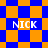 Blue and orange pixelated with four instances of the text 'NICK' in white, transitioning from square to diamond-shaped