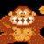 Pixelated orange-brown character with large white eyes, wide mouth showing four teeth, and brown hair against black background.