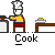 Animated contact sheet of a pixel art chef cooking sequence with 12 frames showing progressive actions from preparing to serving food on a gray background.